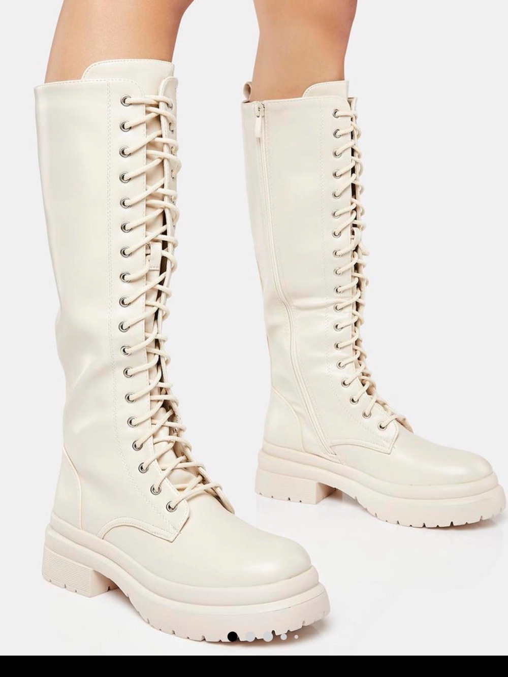 Tall Lace-Up Combat Boots in Cream - Unbranded